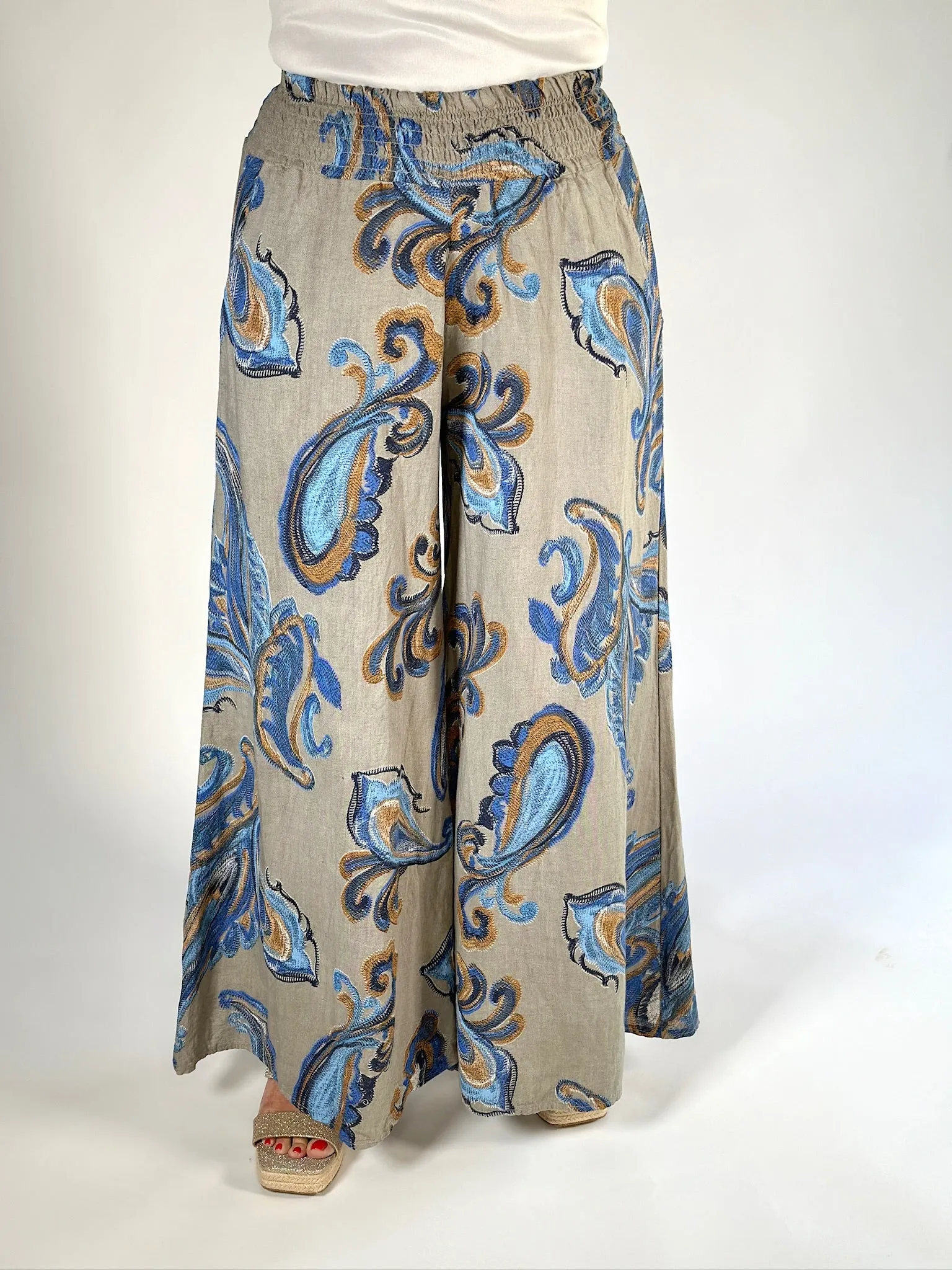 100% Linen  Paisley Floaty Trousers | Mocha