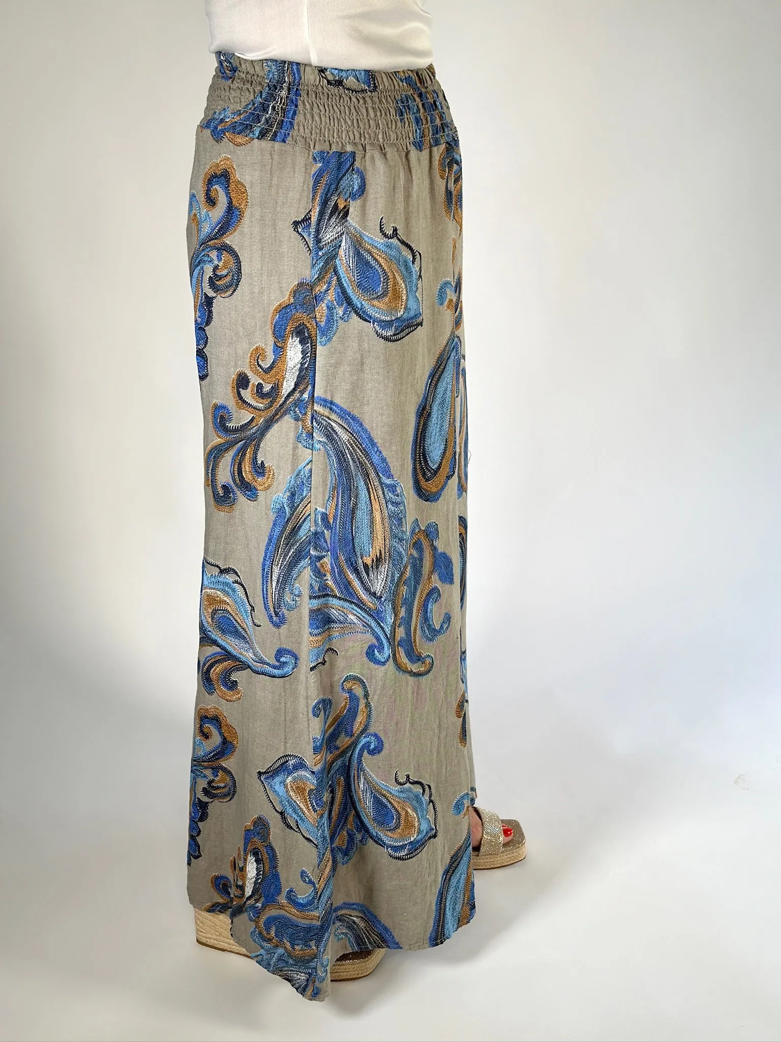 100% Linen  Paisley Floaty Trousers | Mocha