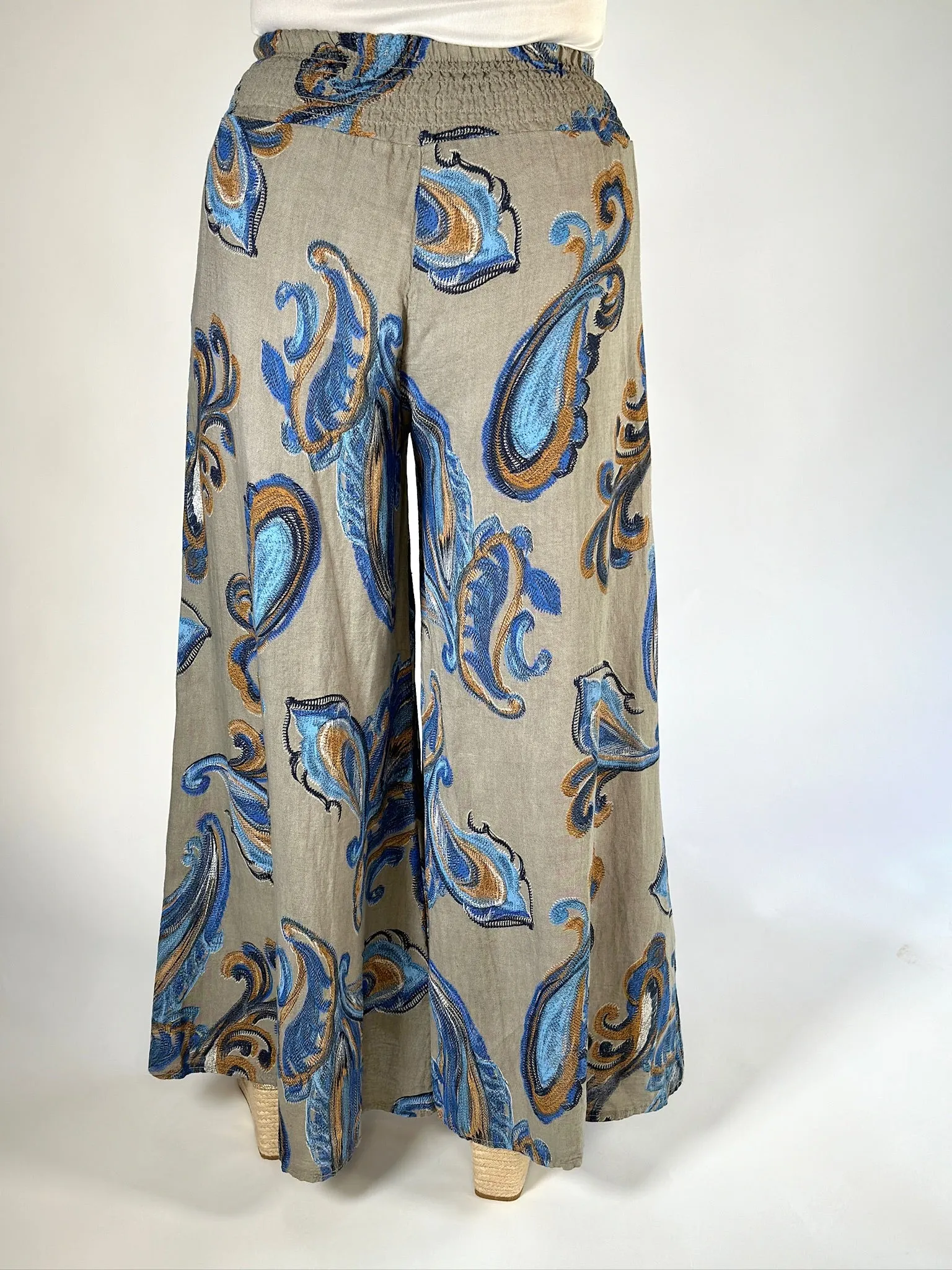100% Linen  Paisley Floaty Trousers | Mocha