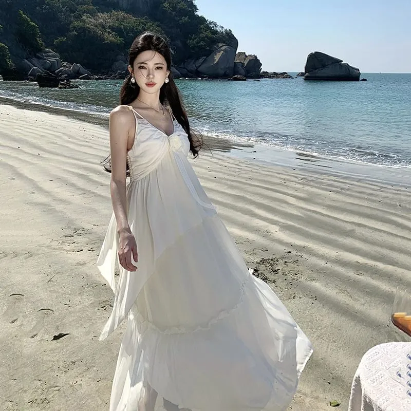 A-Line Maxi Strap Ruffle Plain Spaghetti V-Neck Dress Trim