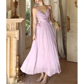 A-Line Strap V-Neck Dress Spaghetti Plain Trim Maxi Ruffle