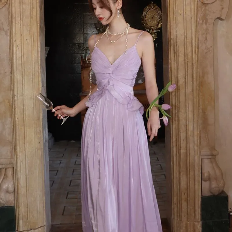 A-Line Strap V-Neck Dress Spaghetti Plain Trim Maxi Ruffle