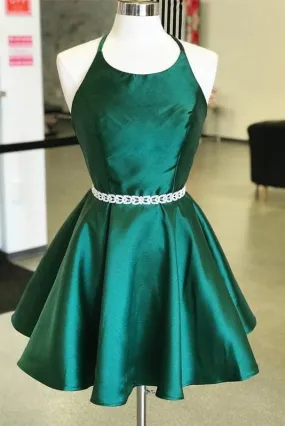 Dark Green Satin Spaghetti Strap Halter Open Back Short Homecoming Dresses