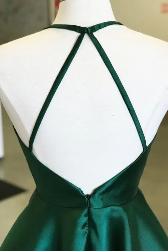 Dark Green Satin Spaghetti Strap Halter Open Back Short Homecoming Dresses
