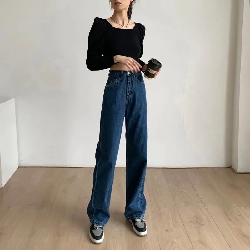 deanwangkt European And American Gentle Style Dirty Pink Ruffled Jeans, Women's Loose And Trendy Straight Tube Versatile Wide Leg Pants