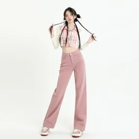 deanwangkt European And American Gentle Style Dirty Pink Ruffled Jeans, Women's Loose And Trendy Straight Tube Versatile Wide Leg Pants