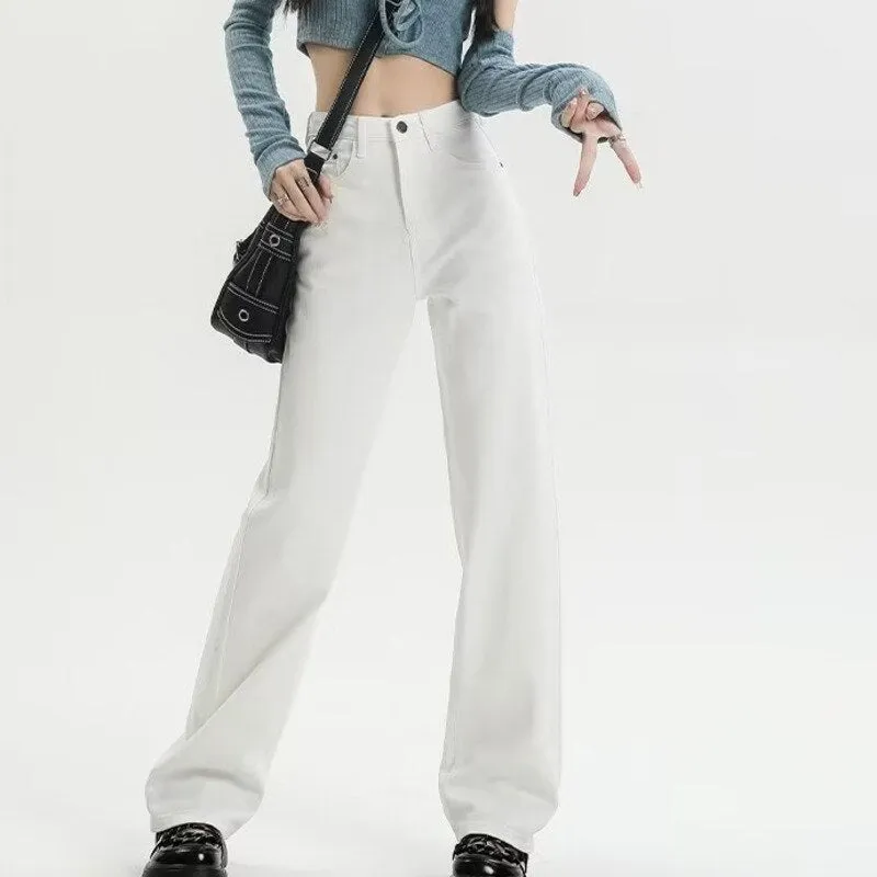 deanwangkt European And American Gentle Style Dirty Pink Ruffled Jeans, Women's Loose And Trendy Straight Tube Versatile Wide Leg Pants