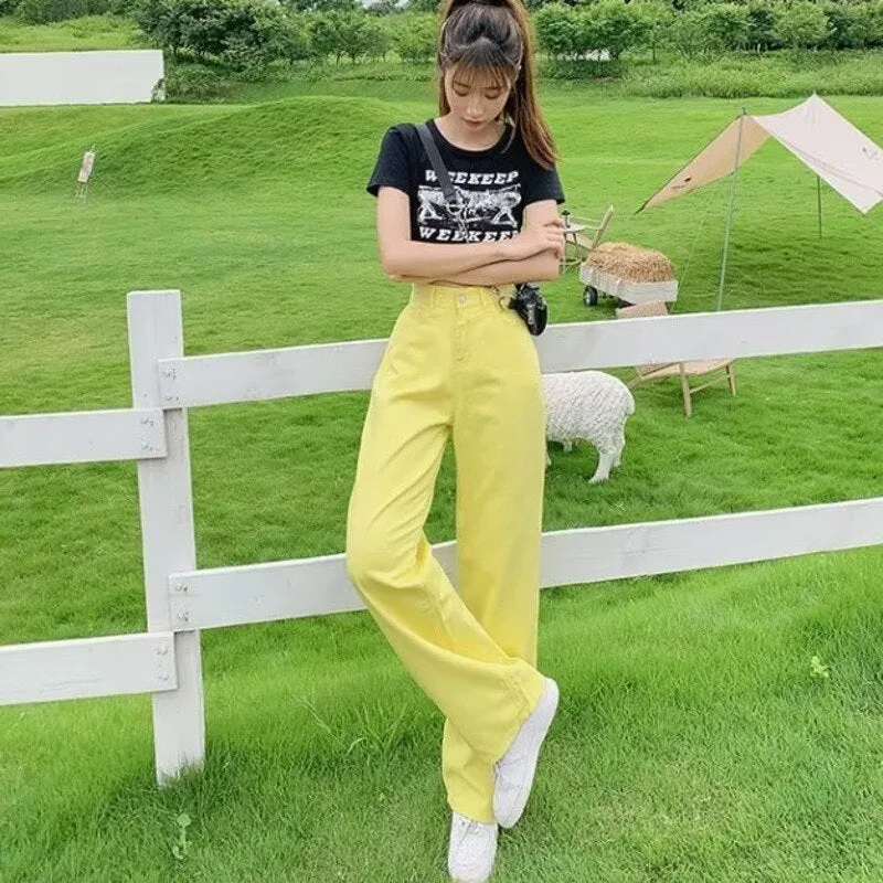 deanwangkt European And American Gentle Style Dirty Pink Ruffled Jeans, Women's Loose And Trendy Straight Tube Versatile Wide Leg Pants