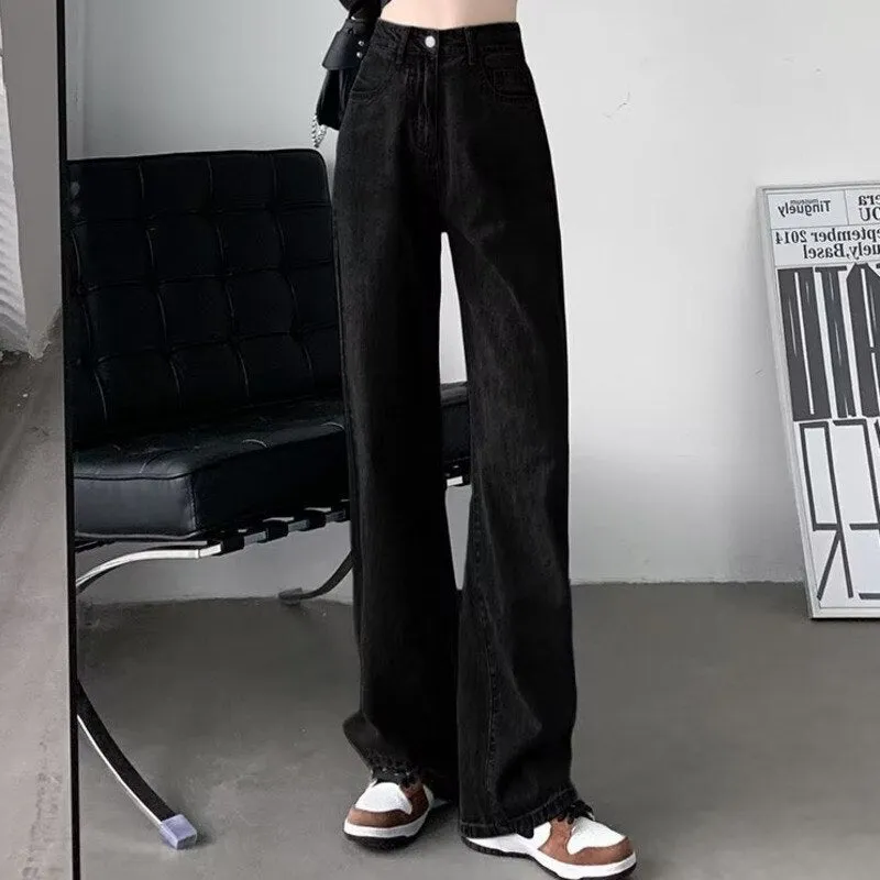 deanwangkt European And American Gentle Style Dirty Pink Ruffled Jeans, Women's Loose And Trendy Straight Tube Versatile Wide Leg Pants
