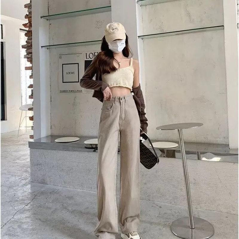 deanwangkt European And American Gentle Style Dirty Pink Ruffled Jeans, Women's Loose And Trendy Straight Tube Versatile Wide Leg Pants