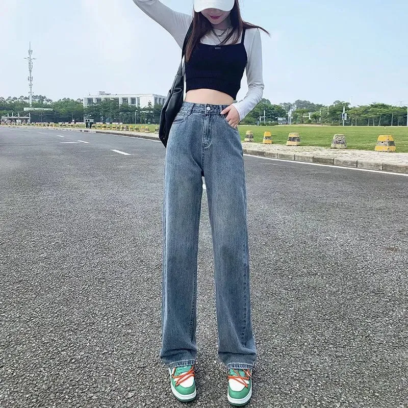 deanwangkt European And American Gentle Style Dirty Pink Ruffled Jeans, Women's Loose And Trendy Straight Tube Versatile Wide Leg Pants