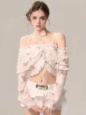 Fairy Ruffle Strap Chiffon Top Butterfly Off-the-shoulder Lace