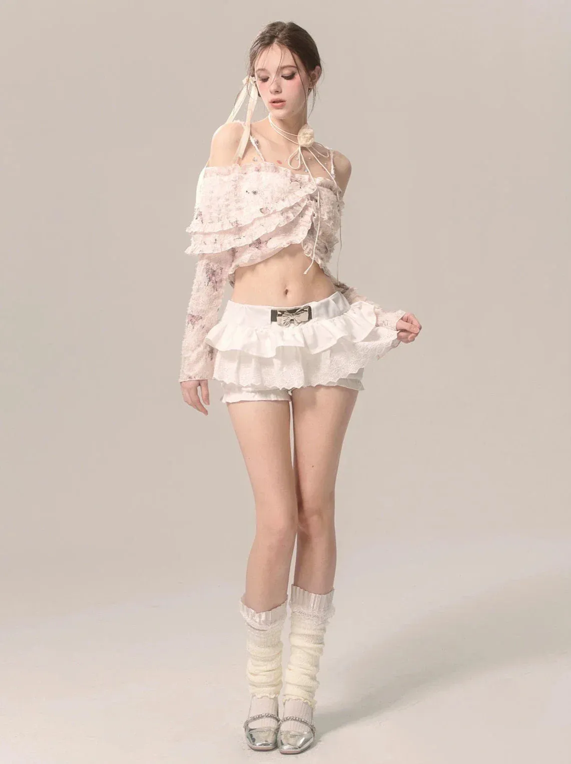 Fairy Ruffle Strap Chiffon Top Butterfly Off-the-shoulder Lace