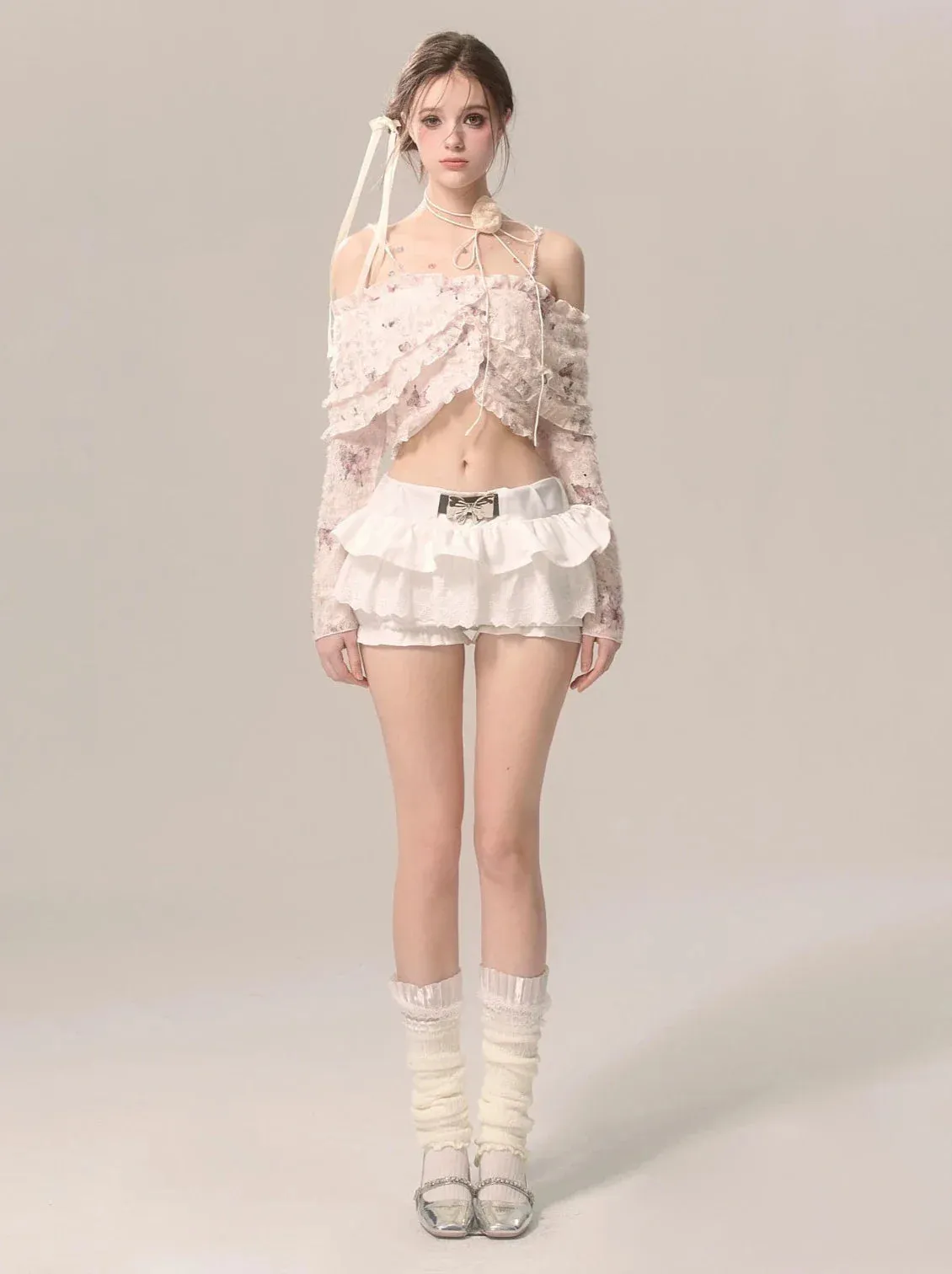Fairy Ruffle Strap Chiffon Top Butterfly Off-the-shoulder Lace