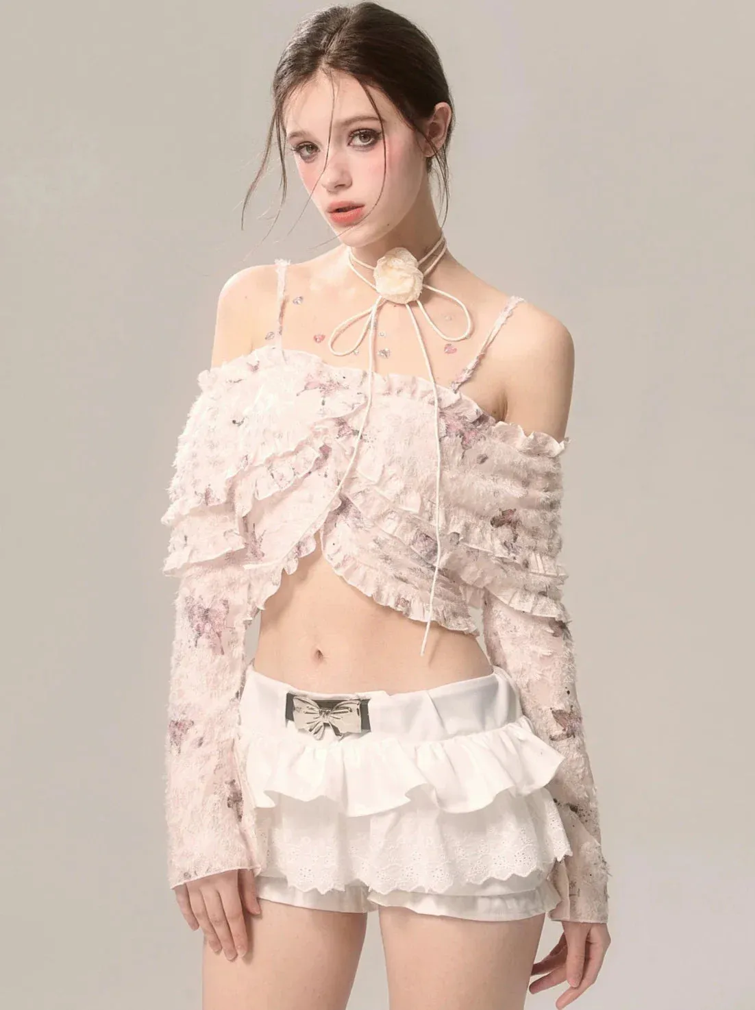 Fairy Ruffle Strap Chiffon Top Butterfly Off-the-shoulder Lace