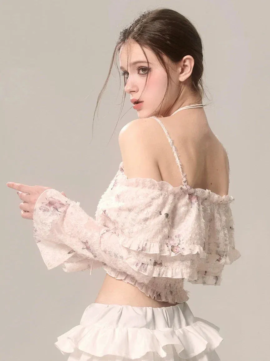 Fairy Ruffle Strap Chiffon Top Butterfly Off-the-shoulder Lace