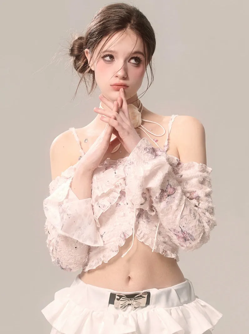 Fairy Ruffle Strap Chiffon Top Butterfly Off-the-shoulder Lace
