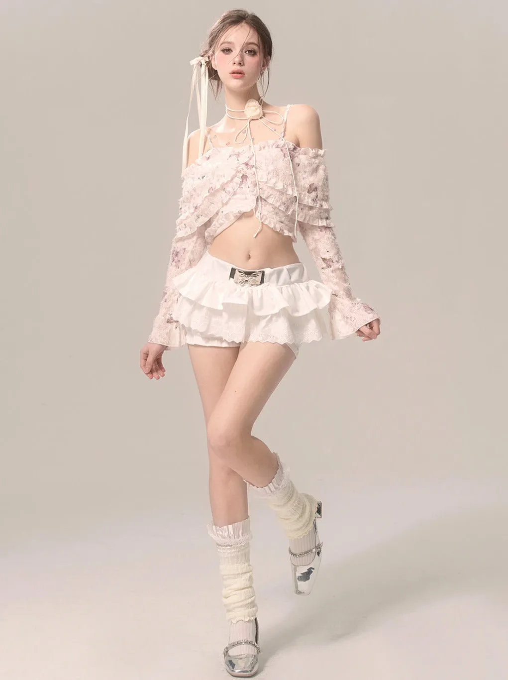 Fairy Ruffle Strap Chiffon Top Butterfly Off-the-shoulder Lace