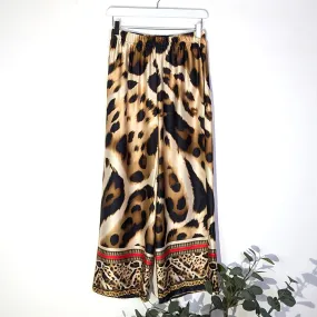 Giant animal print satin feel straight leg pants with red border (M)