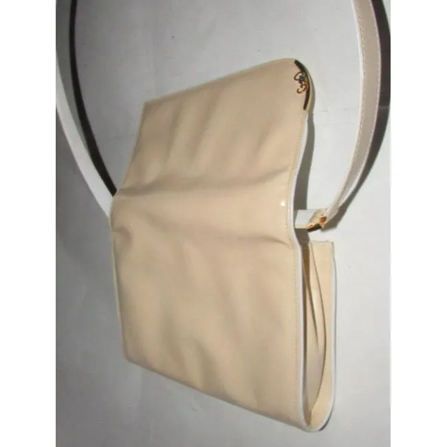 Gucci Clutch Sylvie Vintage Two Way Purse Gold Gg And Accent Buttery Soft Glossy Tan And White Leather