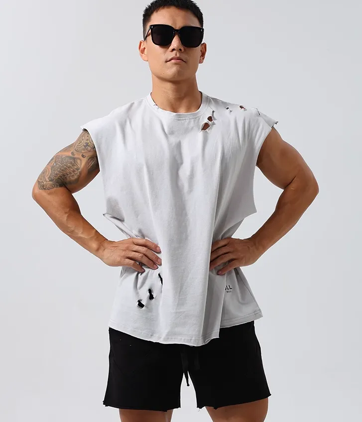 GYM BUDDY WORKOUT SLEEVELESS T SHIRT WITH DISTRESSED HOLES