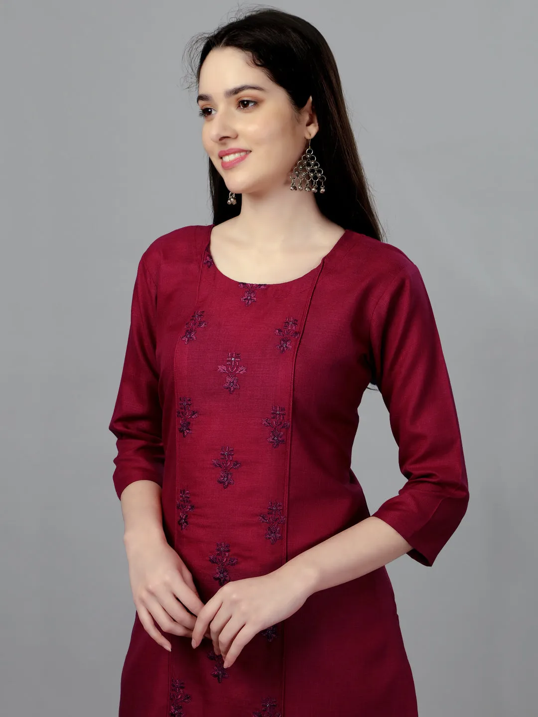 Maroon Heavy Cotton Magic Slub With Casual Embroidery Kurti