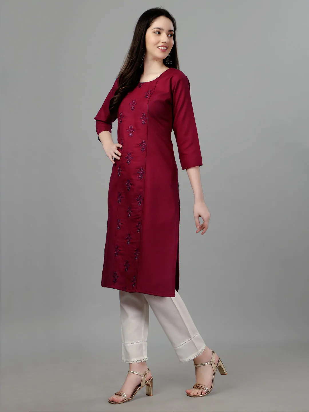 Maroon Heavy Cotton Magic Slub With Casual Embroidery Kurti