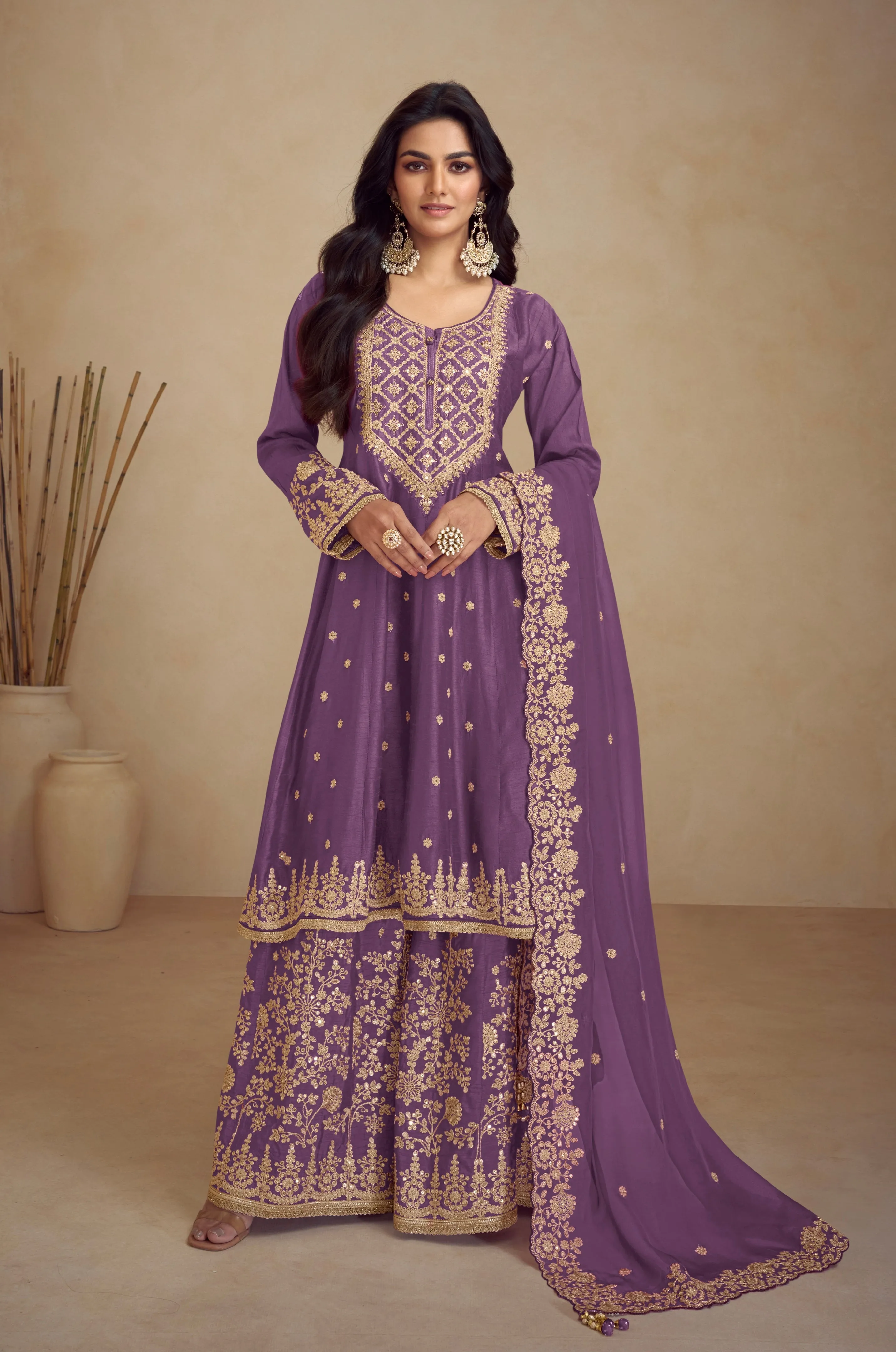 Mauve Real Chinon Palazzo Suit with Embroidered Koti Style & Dupatta