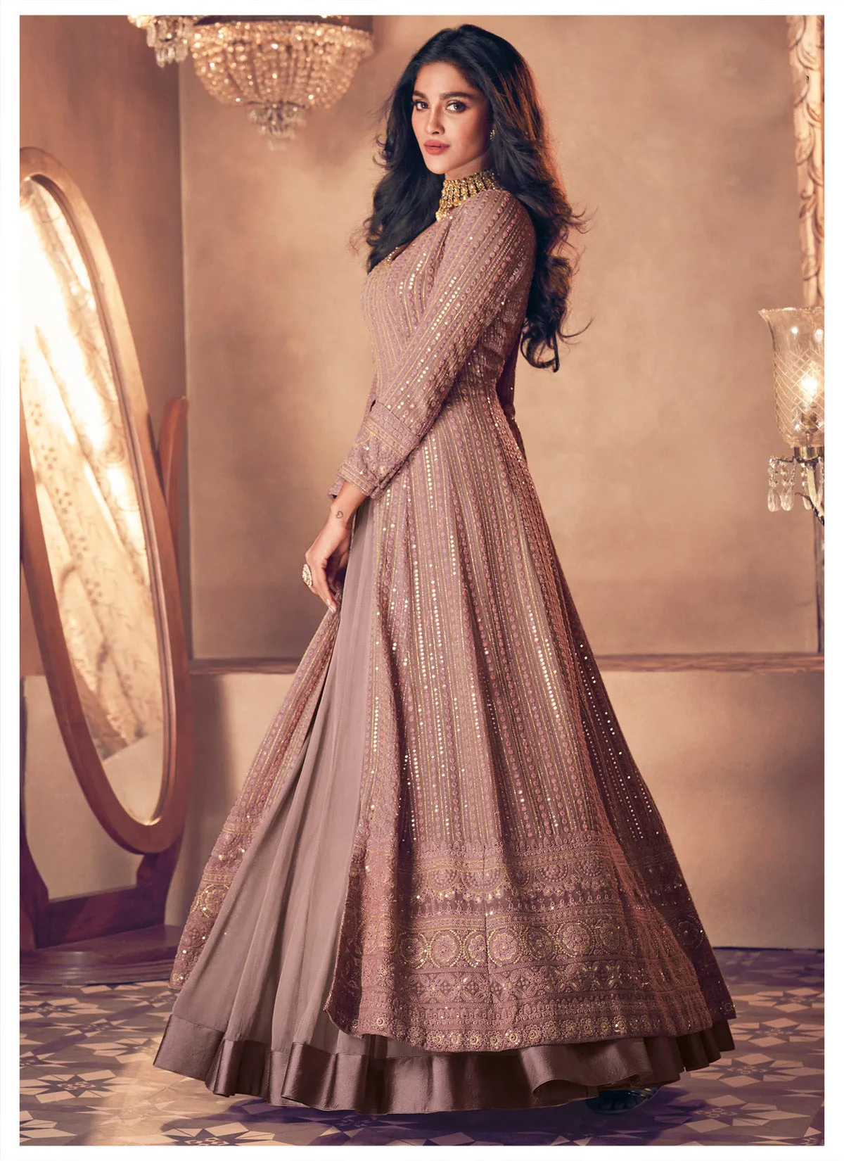 Pretty Mauve Floor Length Sequins Work Anarkali Suit