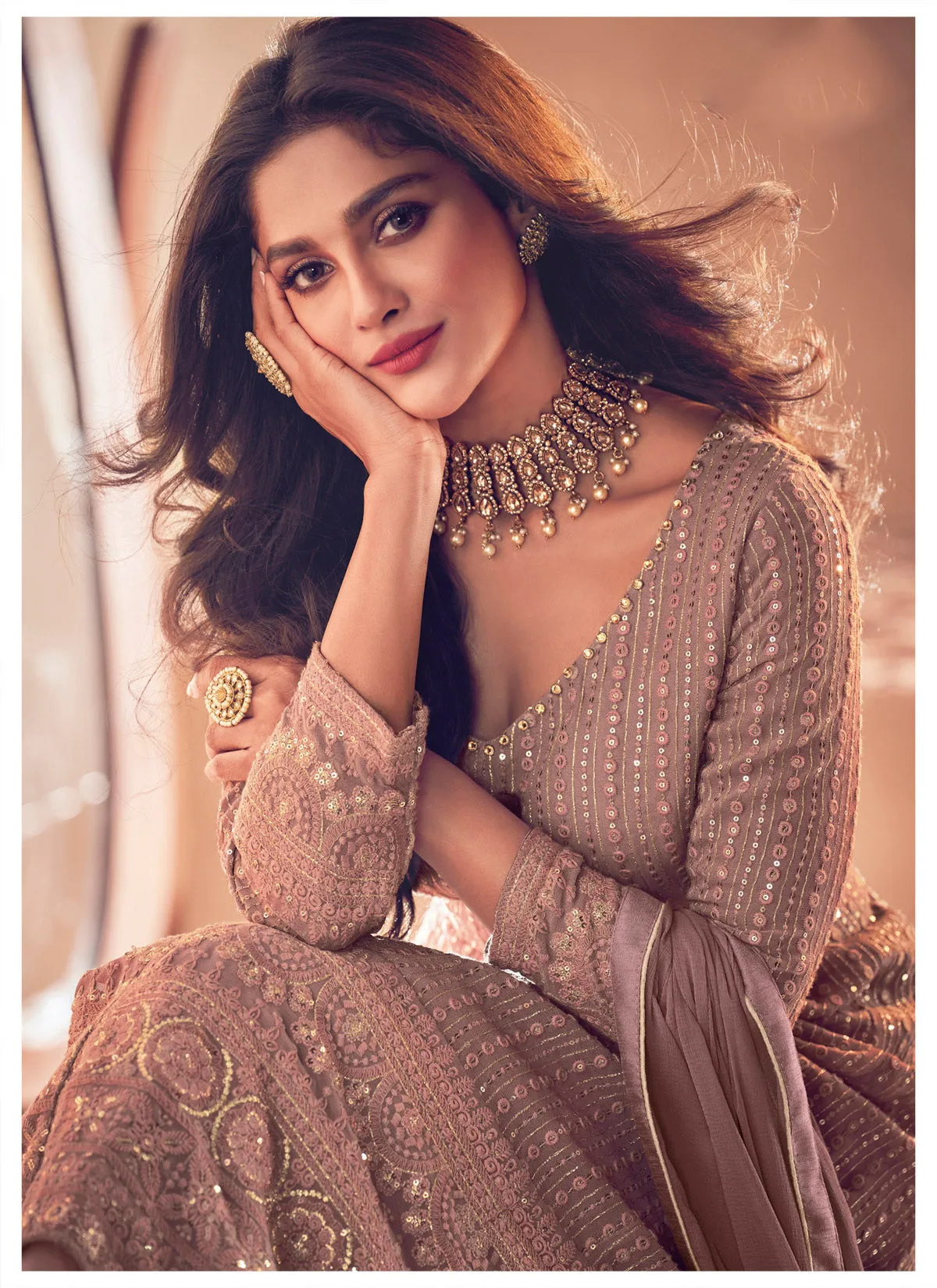 Pretty Mauve Floor Length Sequins Work Anarkali Suit