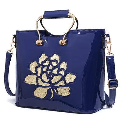 Red Black Luxury Sequin Rose Flower Hollow Out Women Bag Patent Leather Handbag For Woman Tote Bag Shoulder Bags Famous Brand