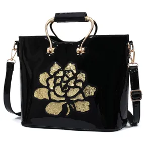 Red Black Luxury Sequin Rose Flower Hollow Out Women Bag Patent Leather Handbag For Woman Tote Bag Shoulder Bags Famous Brand
