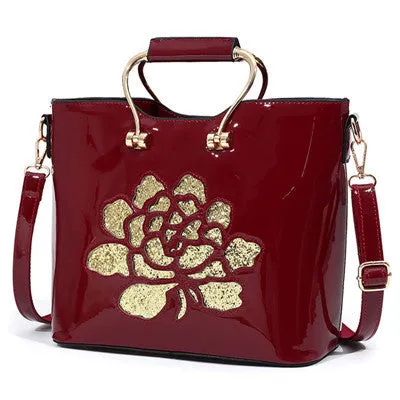 Red Black Luxury Sequin Rose Flower Hollow Out Women Bag Patent Leather Handbag For Woman Tote Bag Shoulder Bags Famous Brand