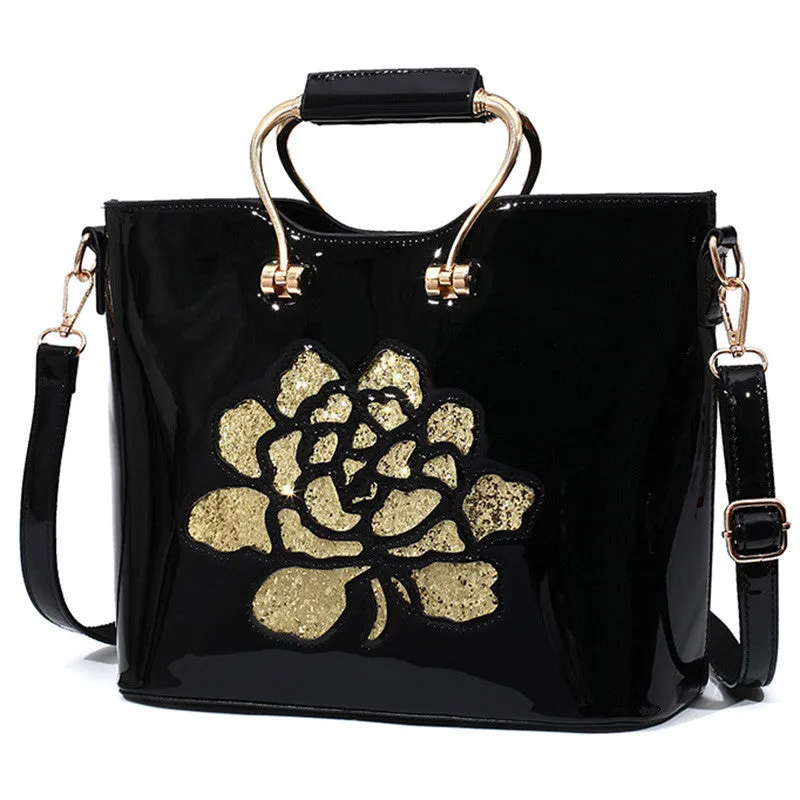 Red Black Luxury Sequin Rose Flower Hollow Out Women Bag Patent Leather Handbag For Woman Tote Bag Shoulder Bags Famous Brand