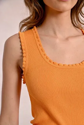 Ribbed Ruffled Trim Tank Top - Orange