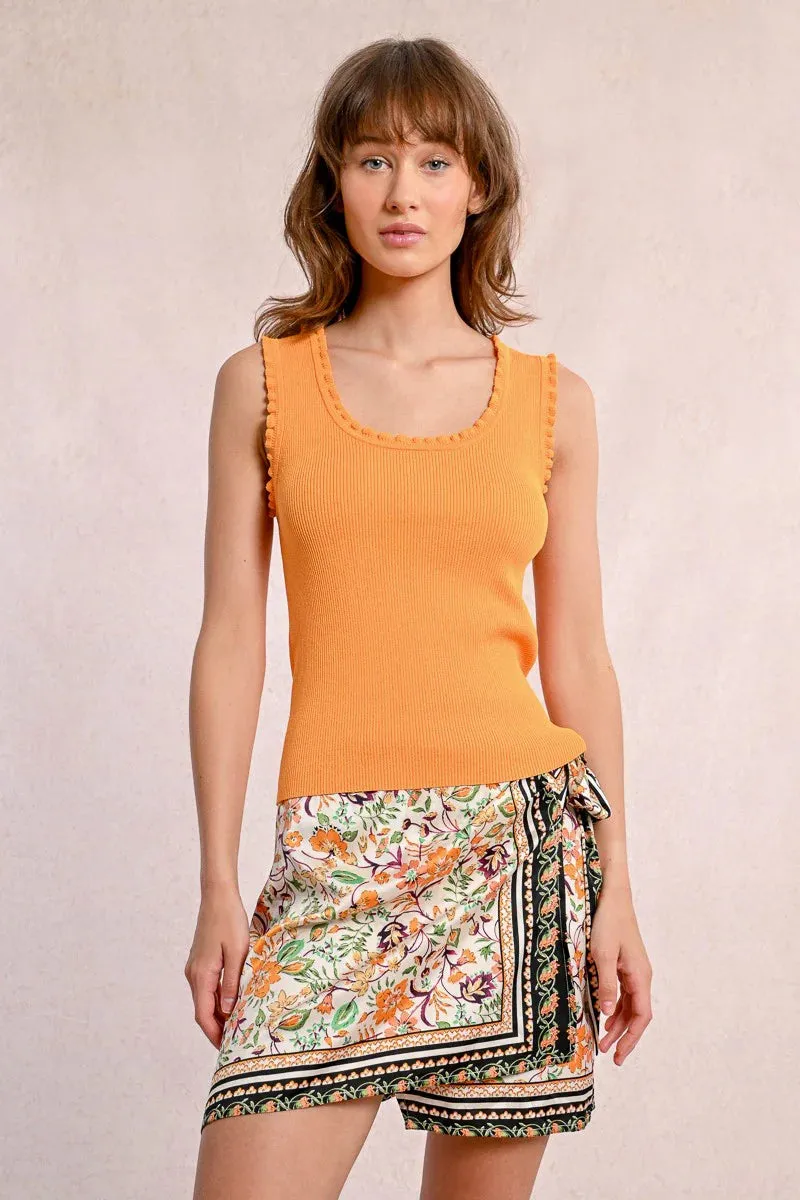 Ribbed Ruffled Trim Tank Top - Orange