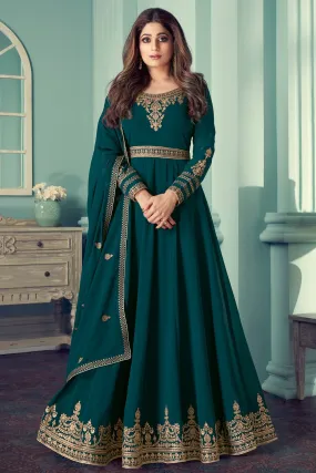 Shamita Shetty Teal Embroidered Anarkali Suit