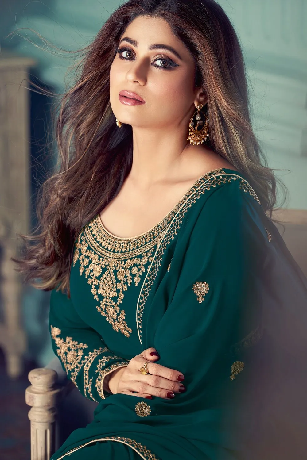 Shamita Shetty Teal Embroidered Anarkali Suit