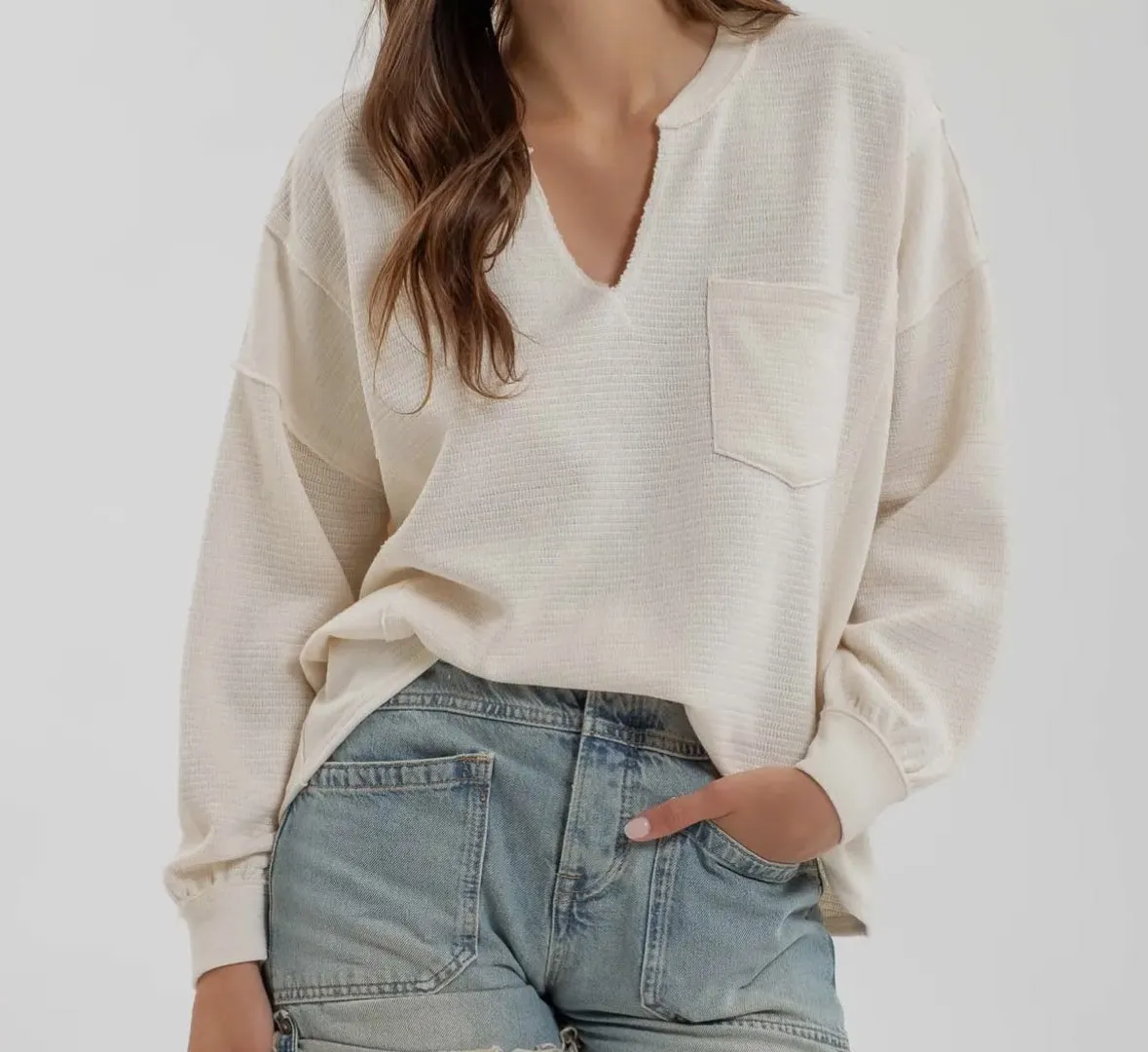 Solid Patchwork Split Neck Knit Top