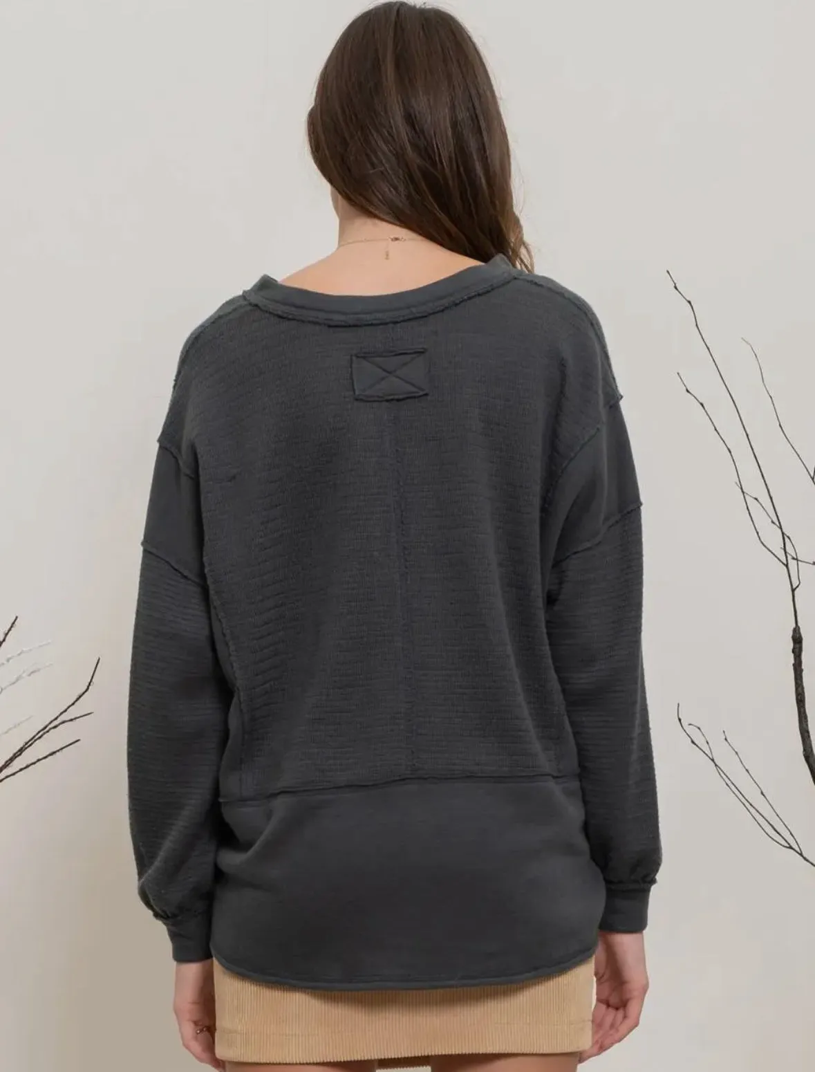 Solid Patchwork Split Neck Knit Top
