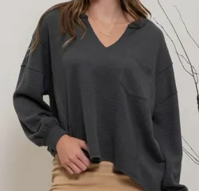 Solid Patchwork Split Neck Knit Top