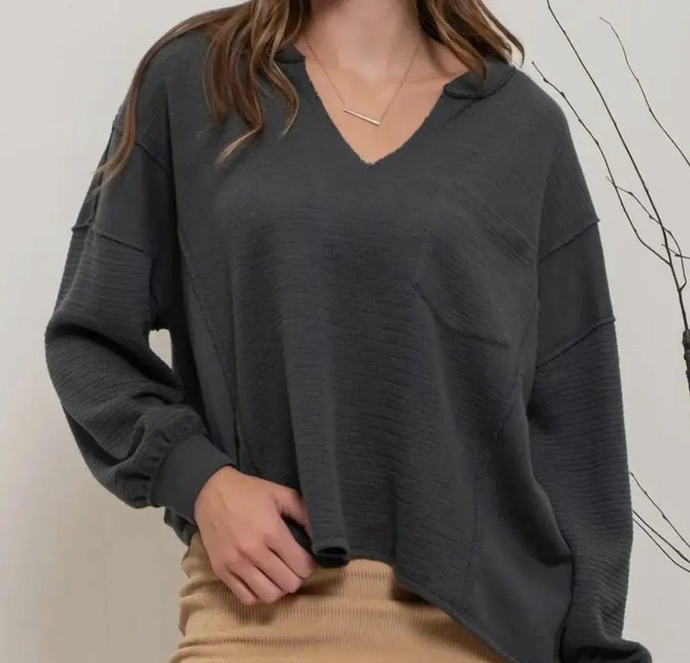 Solid Patchwork Split Neck Knit Top